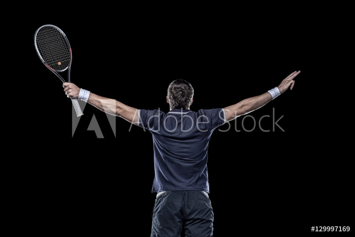 Afbeeldingen van Tennis player with hands up isolated on black